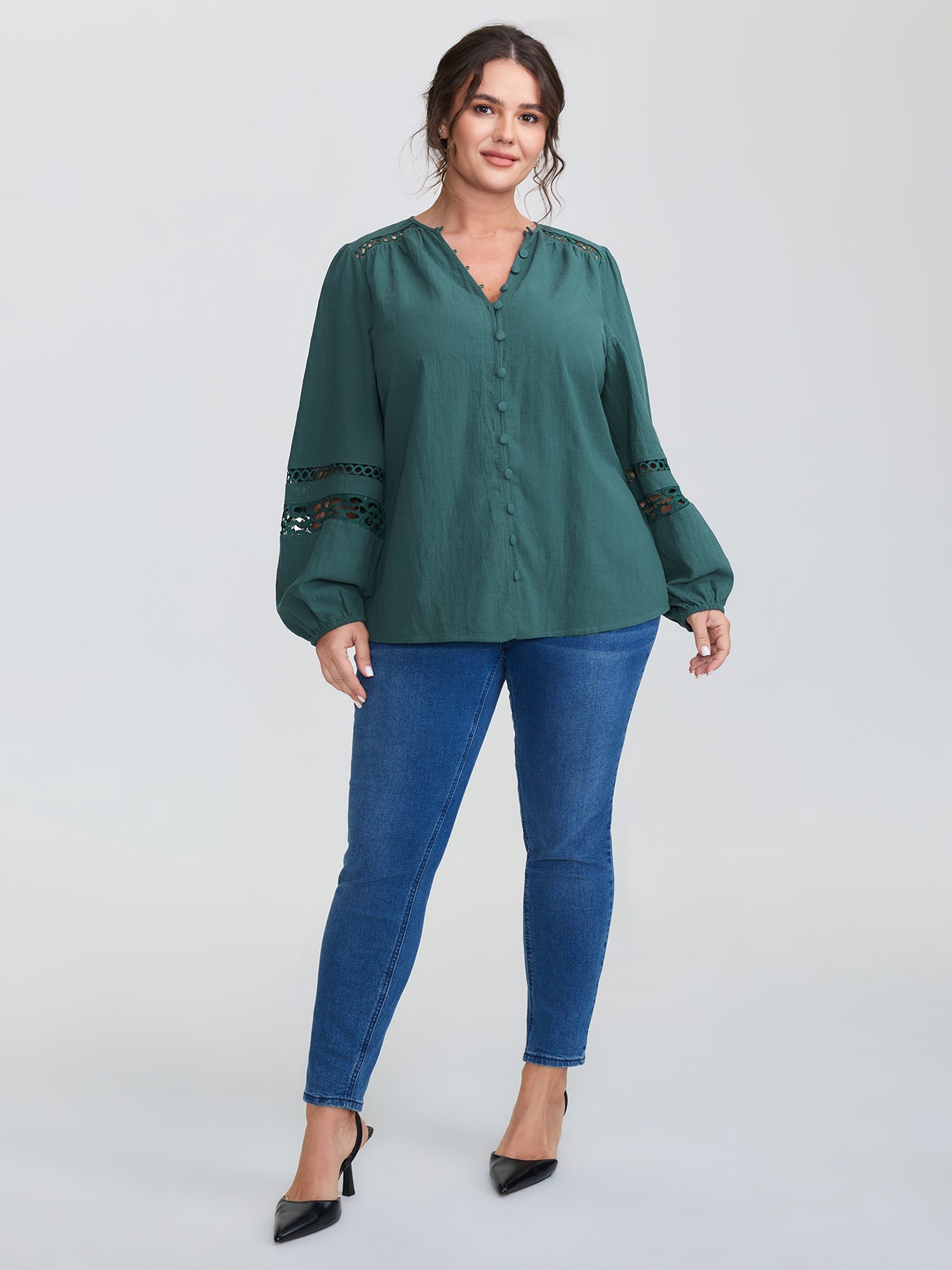 Cotton Lace Trim Button Placket Blouse