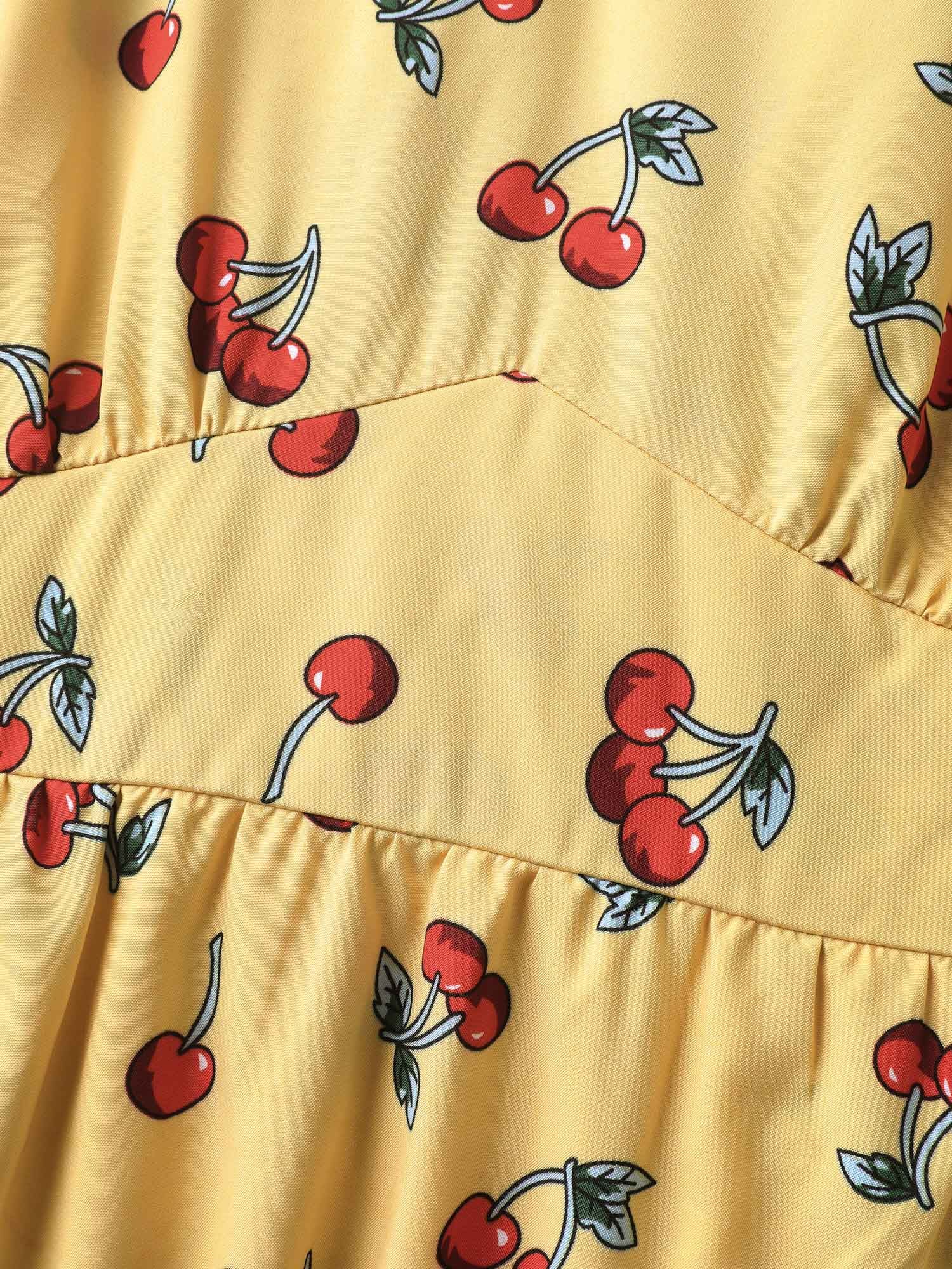 Cherry Print Stretchy Cinched-Waist Midi Dress