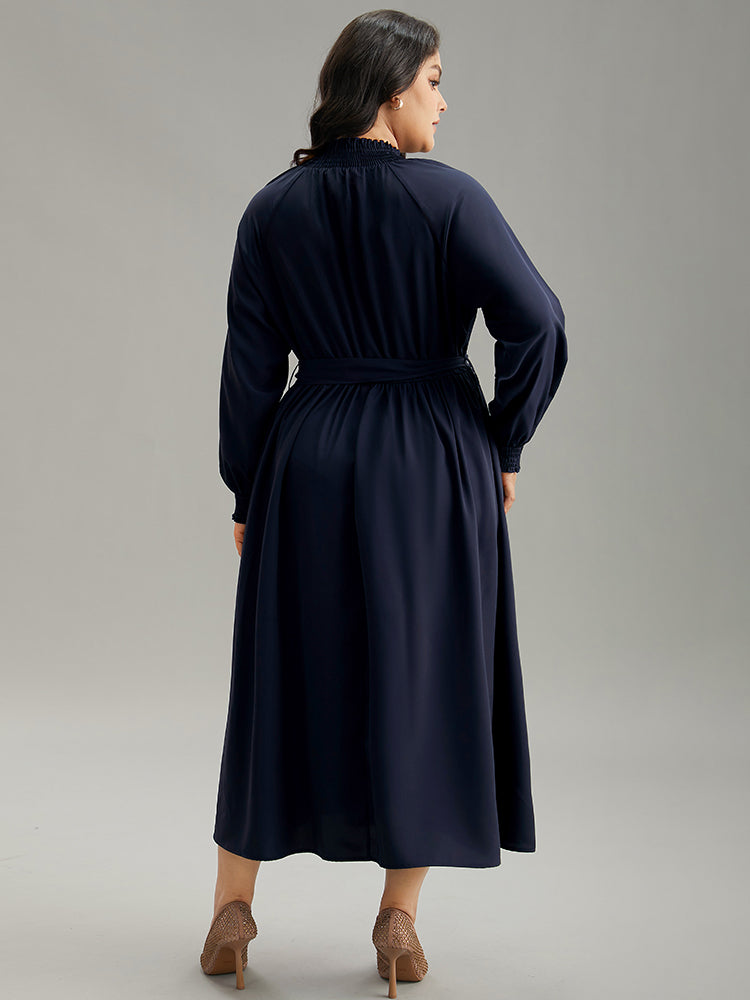 Anti-Wrinkle Plain Shirred Mock Neck Belted Dress