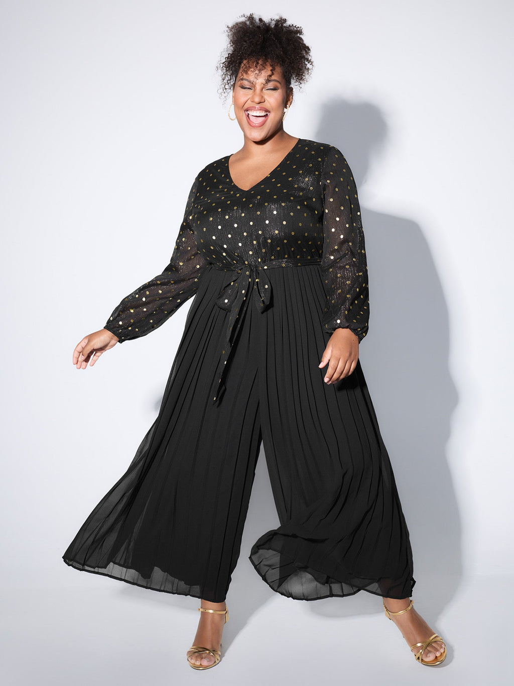 Chiffon Gold Polka Dots Cinched-Waist Jumpsuit