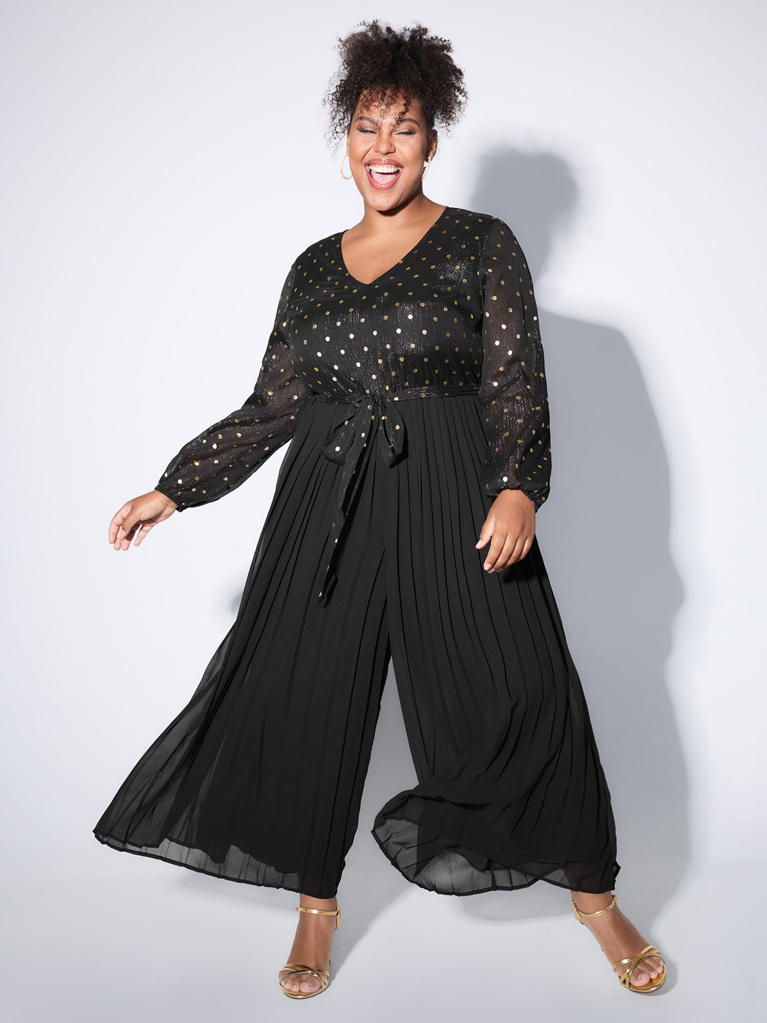 Chiffon Gold Polka Dots Cinched-Waist Jumpsuit