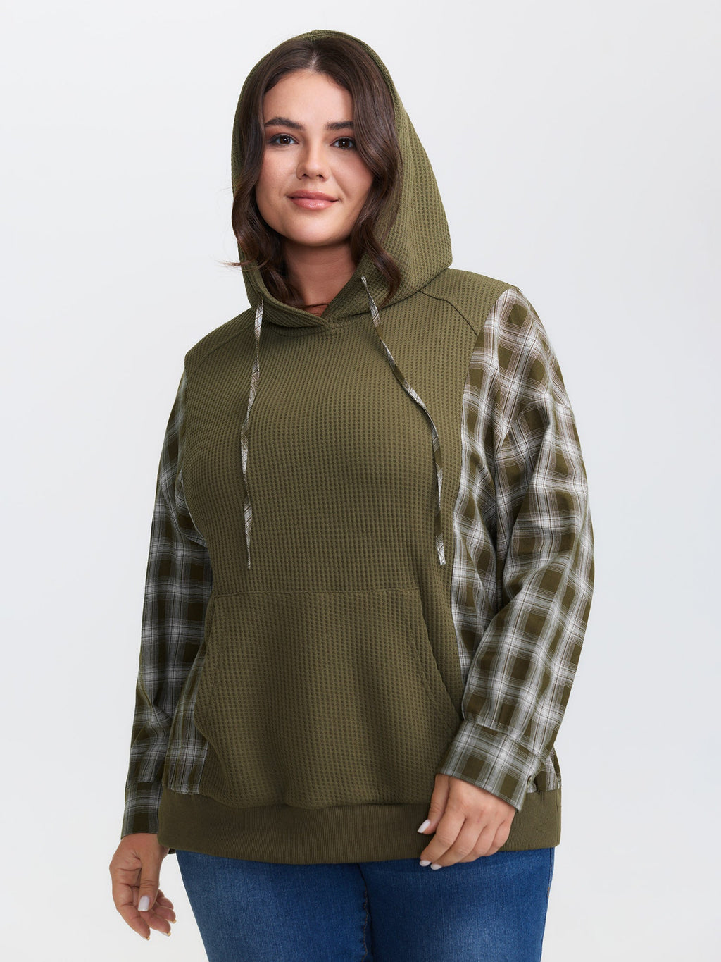 Checkered Spliced Textured Hoodie