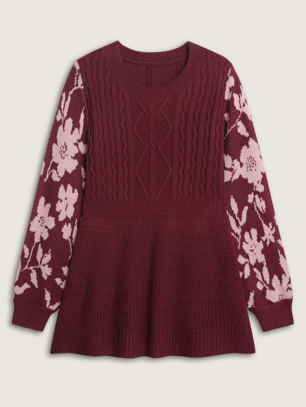 Cableknit Floral Cinched-Waist Pullover