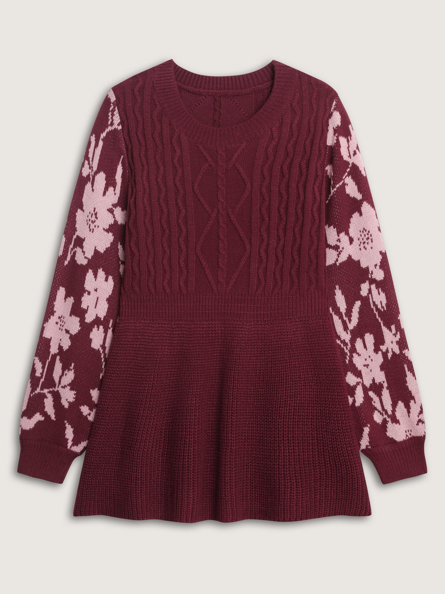 Cableknit Floral Cinched-Waist Pullover