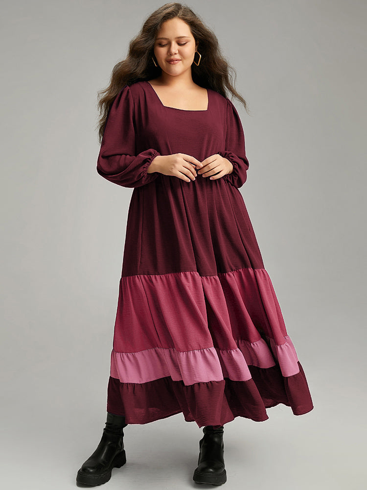 Colorblock Contrast Square Neck Ruffle Layered Hem Dress