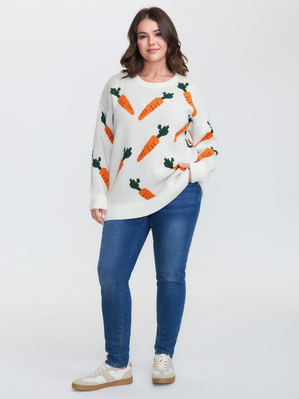 Carrot Pattern Round Neck Ribbed Pullover