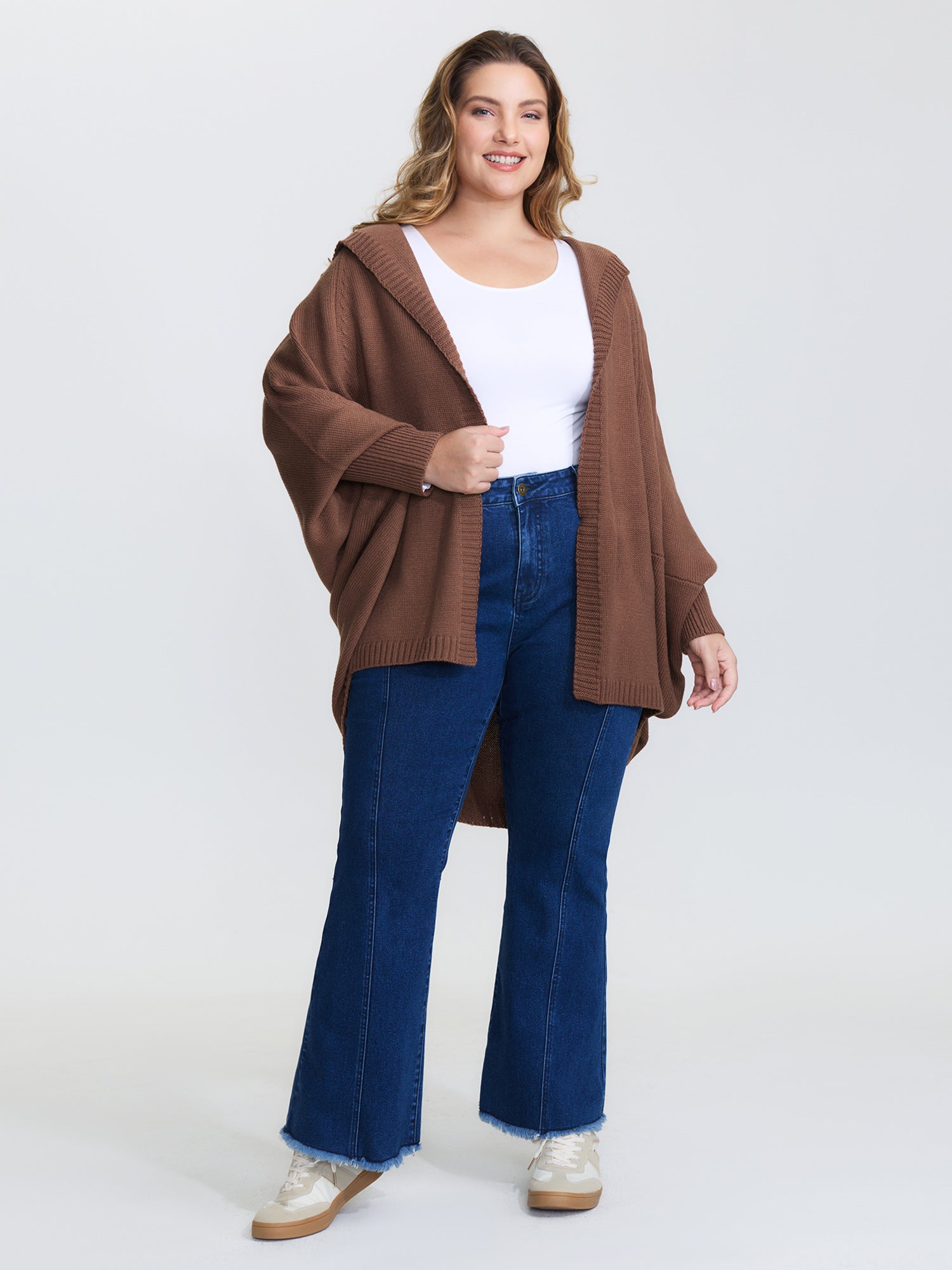 Coccoon Shaped Hooded Front-Open Knit Cardigan