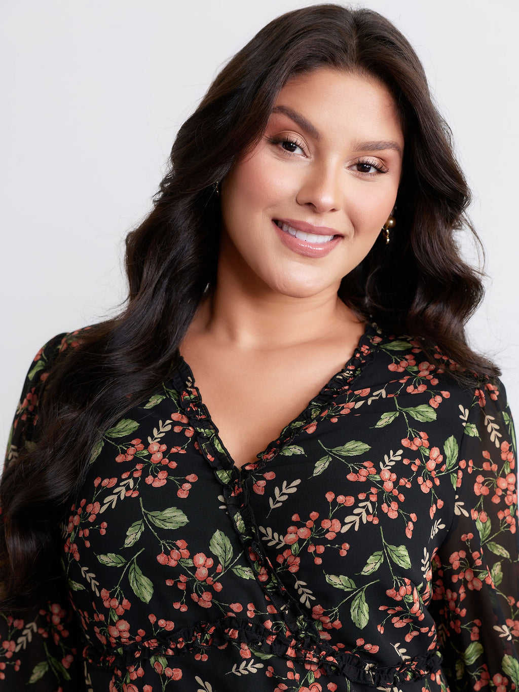 Chiffon Floral Ruffled Trim Pockets Midi Dress