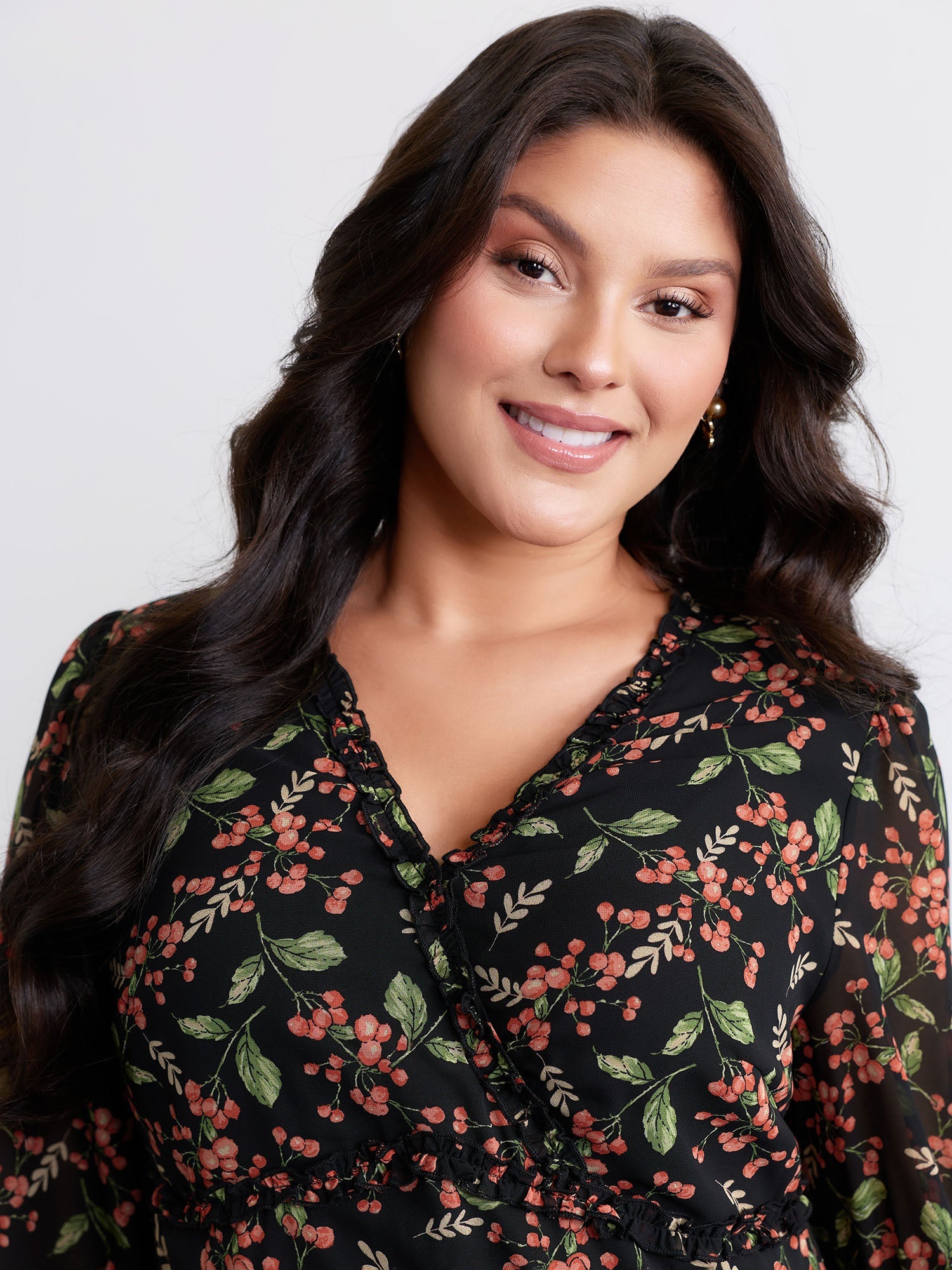 Chiffon Floral Ruffled Trim Pockets Midi Dress