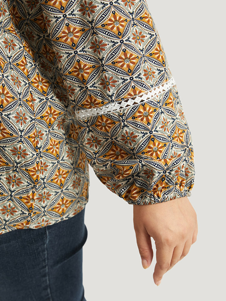 Boho Print Notched Contrast Lace Blouse