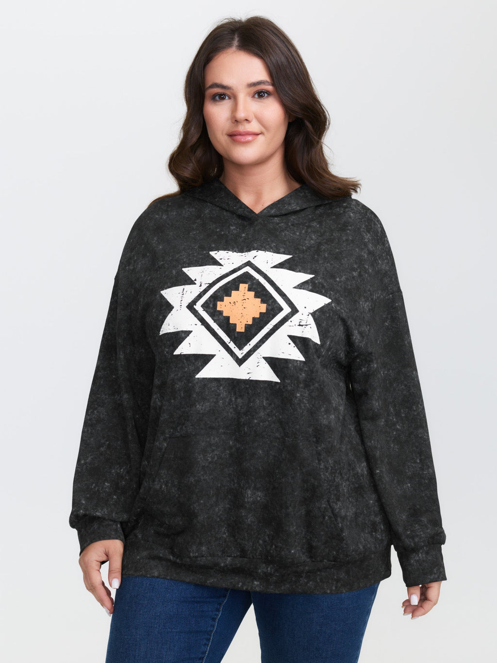 Boho Pattern Pockets Textured Hoodie