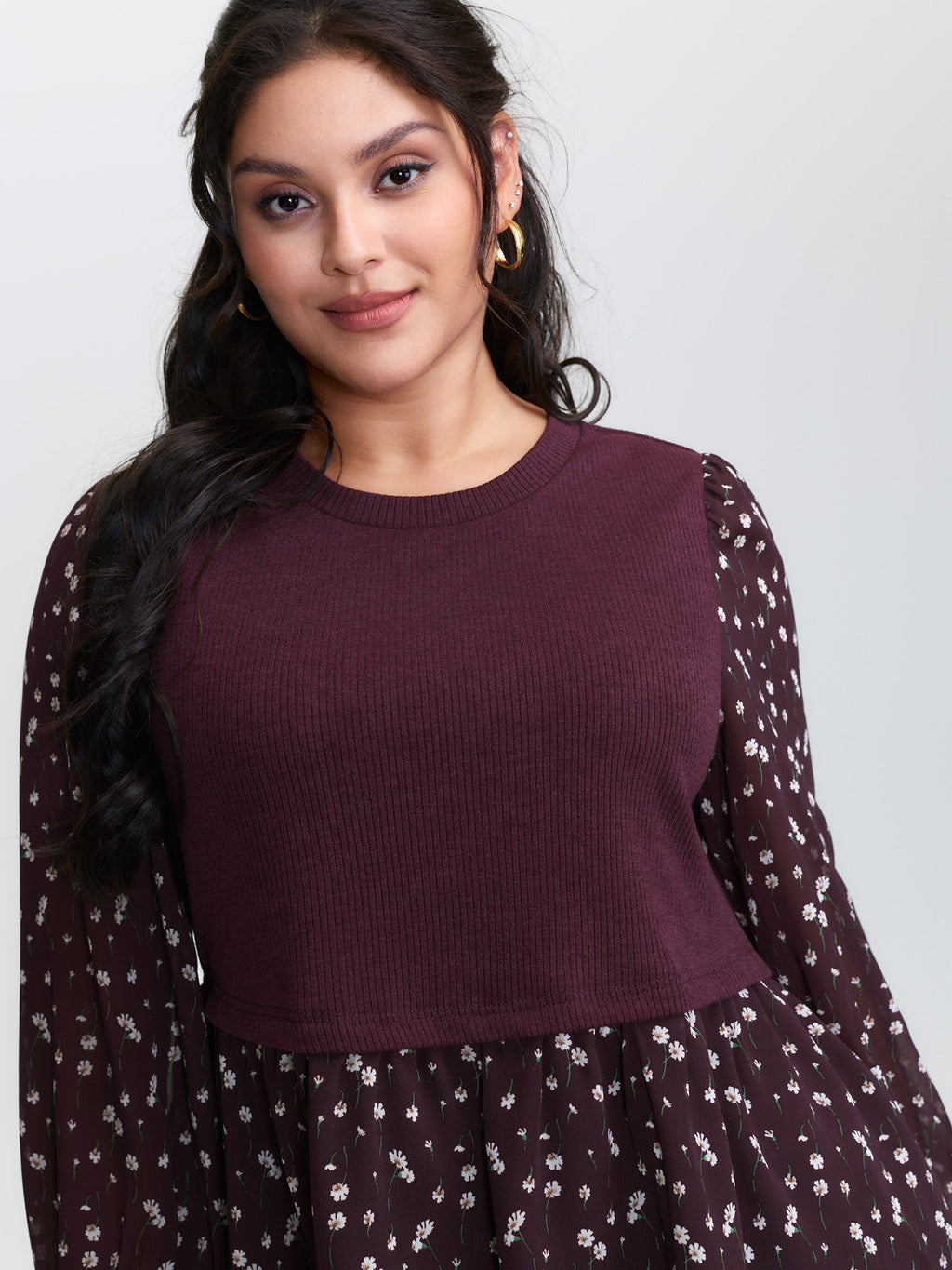 2-in-1 Floral Ribbed Knit Top