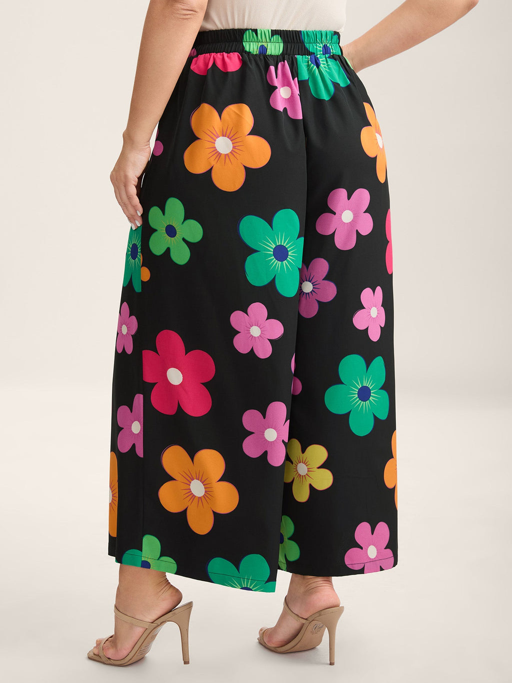 Colorful Large Floral Print Wide-Leg Pants