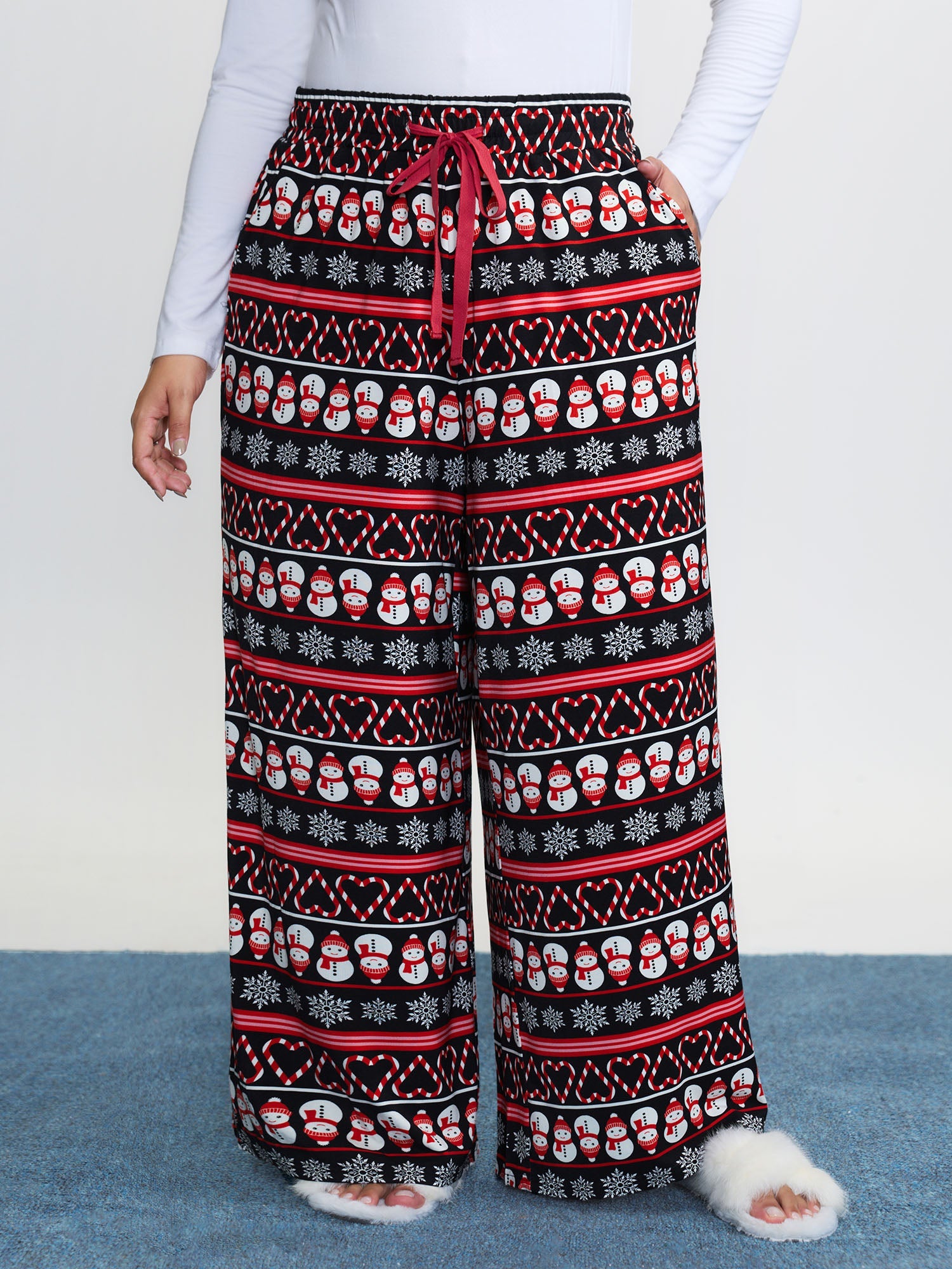 Cute Snowman Pattern Drawstring Lounge Bottoms