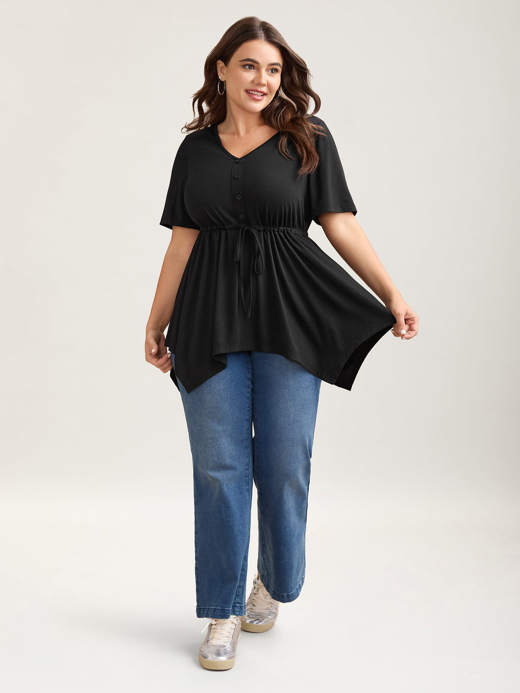Adjustable Waist-Tie Asymmetrical Hem Plain Top