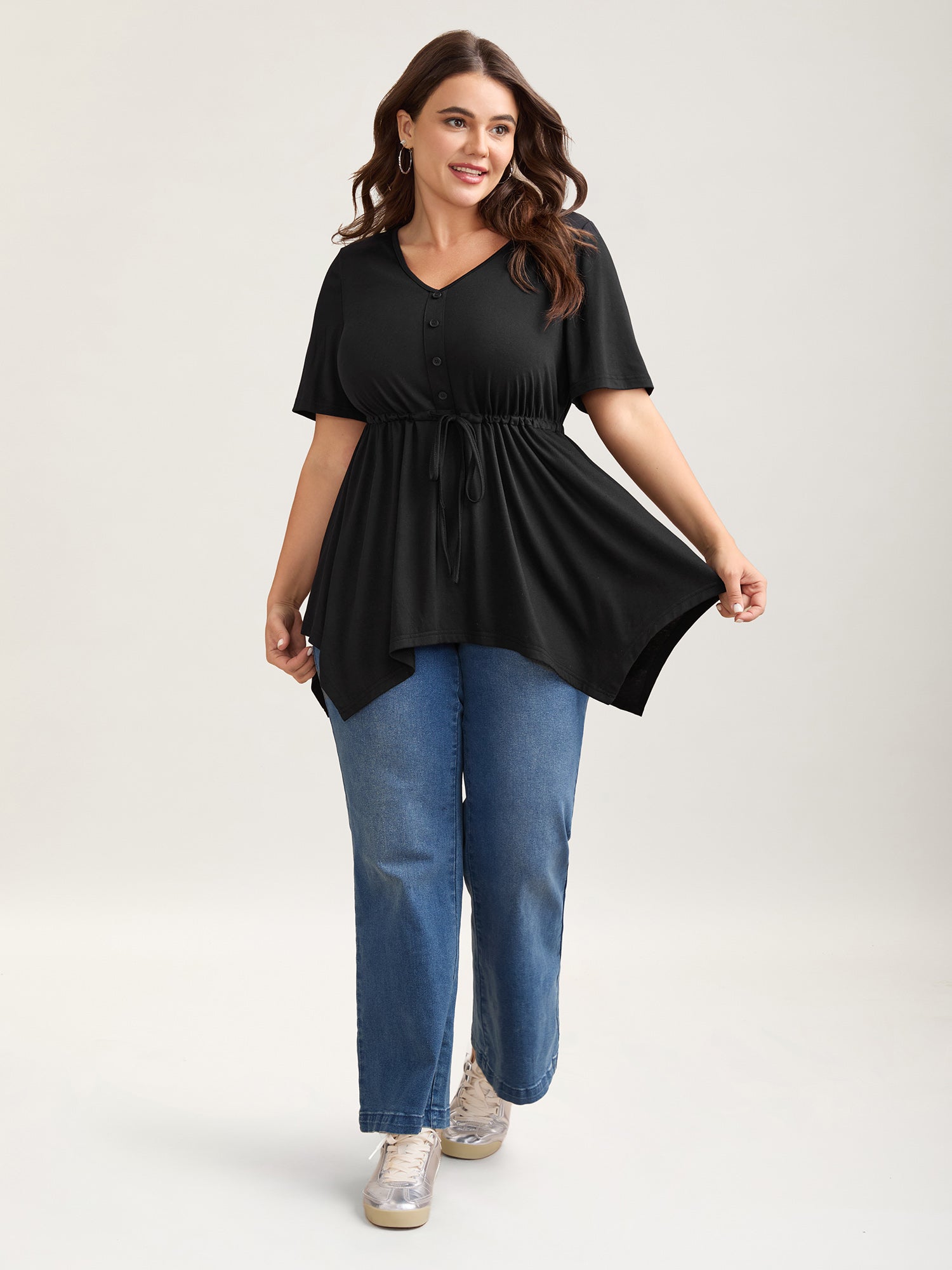 Adjustable Waist-Tie Asymmetrical Hem Plain Top