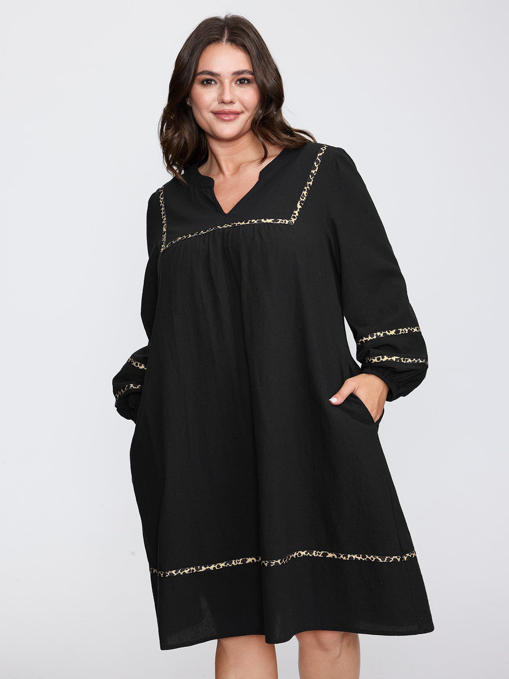 Cotton Leopard Print Notched Collar Midi Dress