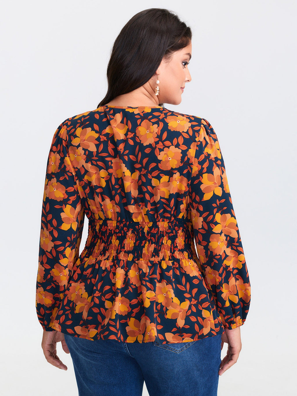 Crisp Leaf Print Shirred Waist Blouse