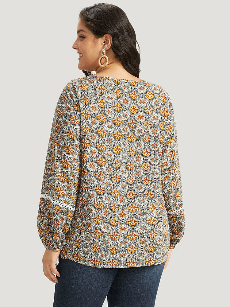 Boho Print Notched Contrast Lace Blouse