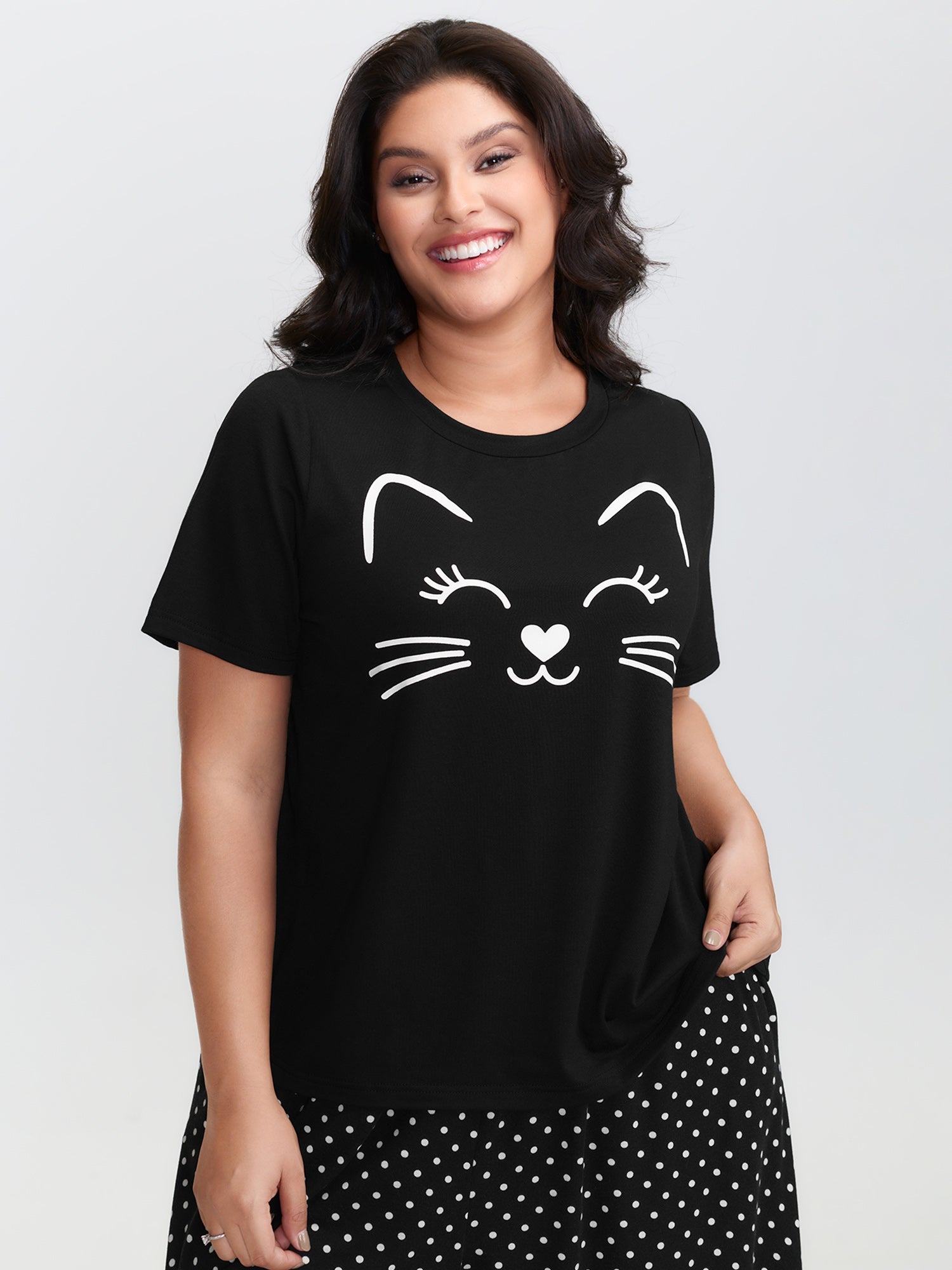 Cute Cat Polka Dots Print Sleepwear Set