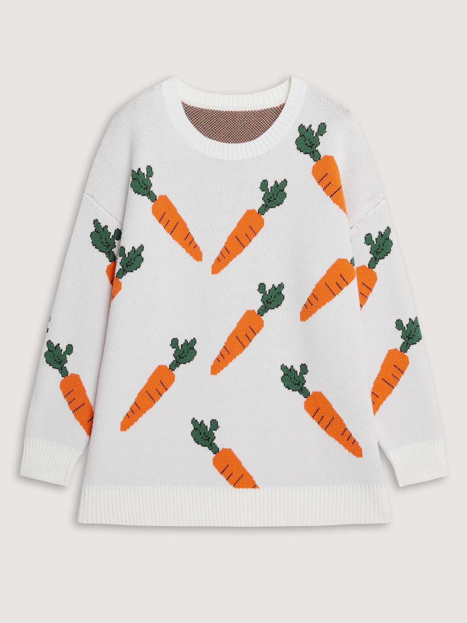 Carrot Pattern Round Neck Ribbed Pullover