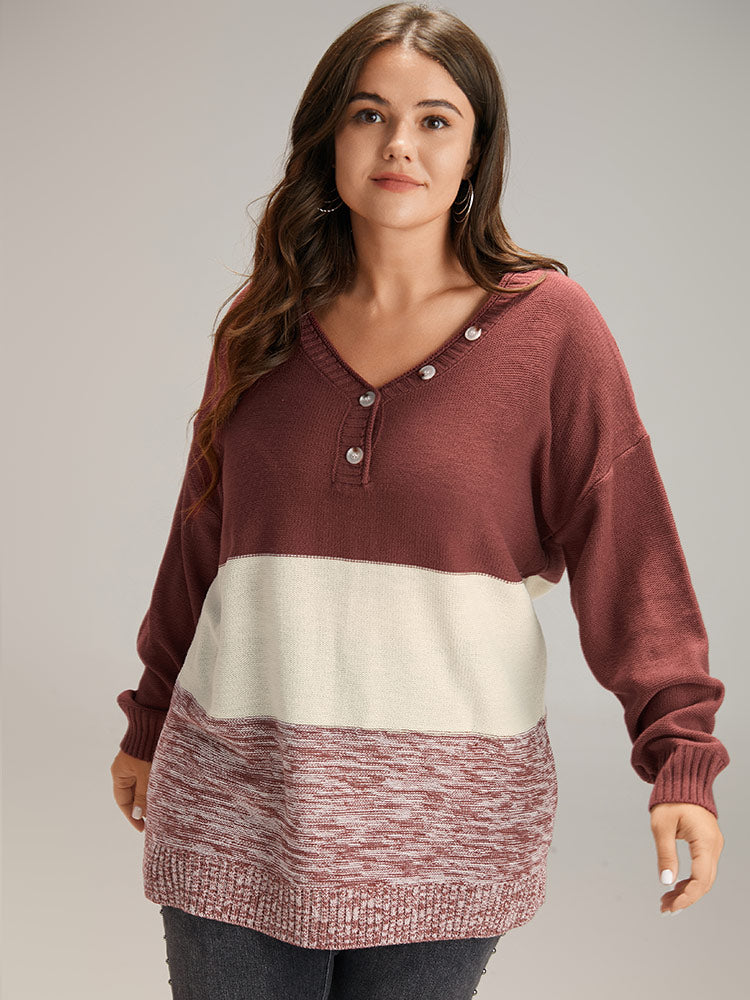 Contrast Heather V Neck Button Detail Pullover