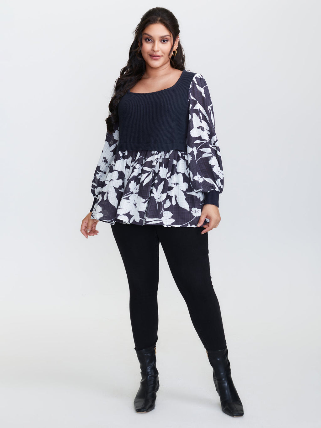 Chiffon Floral Layered Square Neck Pullover