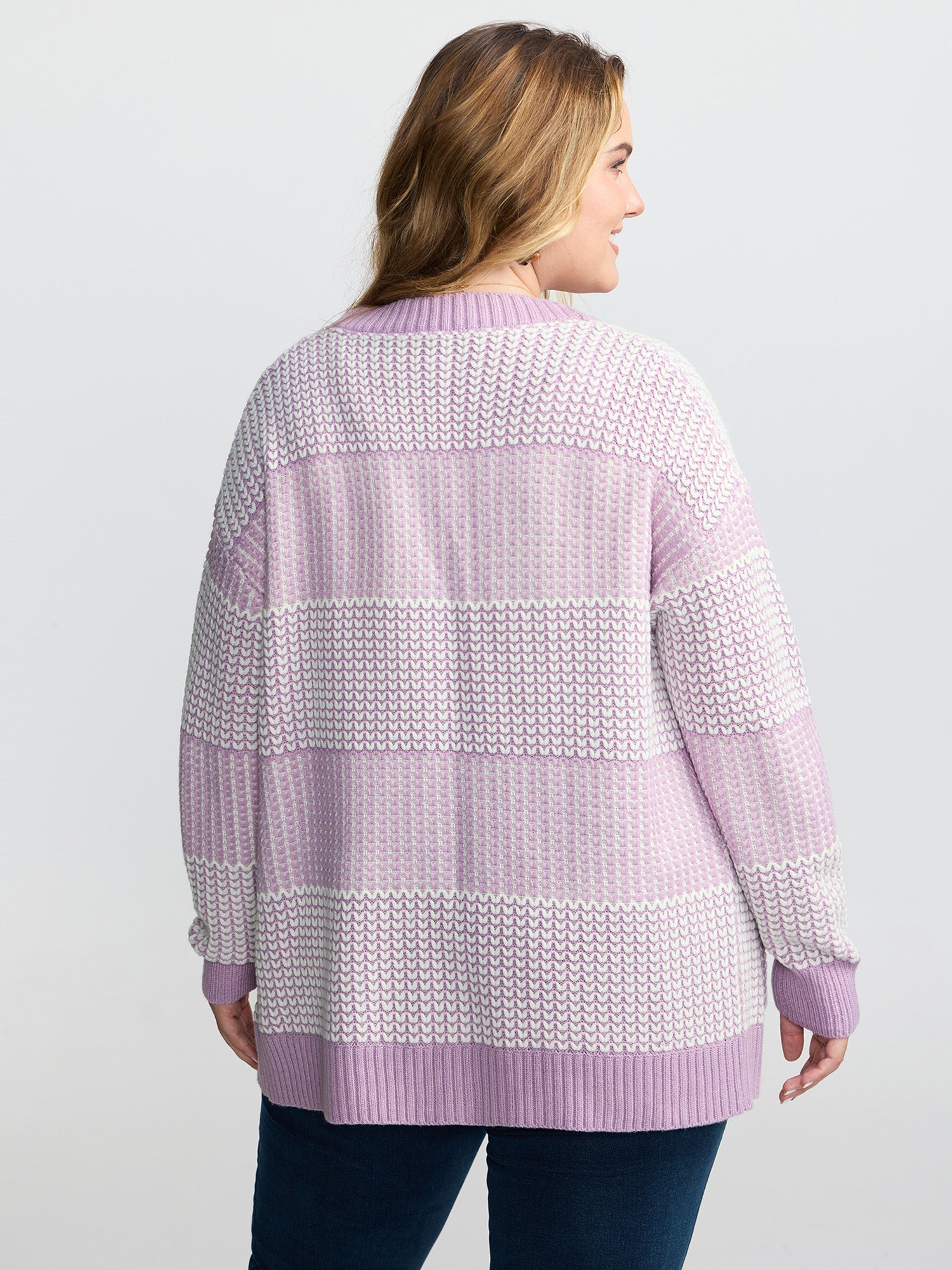 Color Stripes Pockets Textured Knit Cardigan