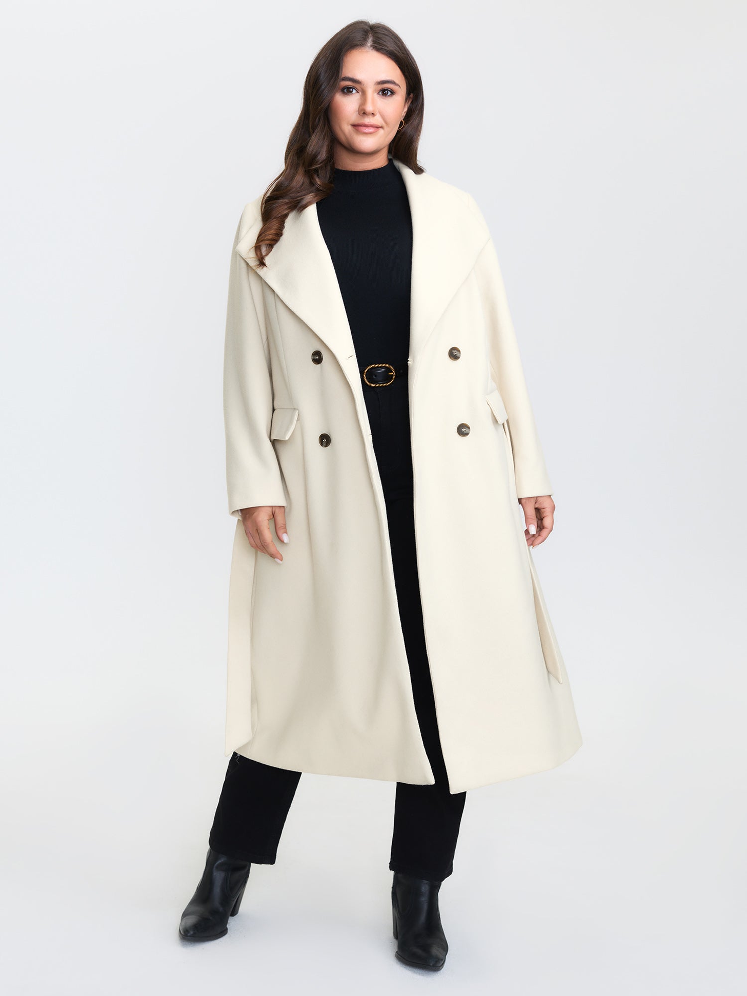 Belted Lapel Collar Double Button Coat