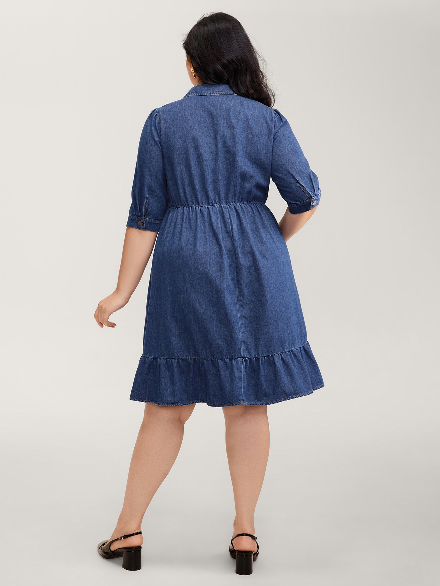 Denim Ruffled Hem Pockets Shirt Dress