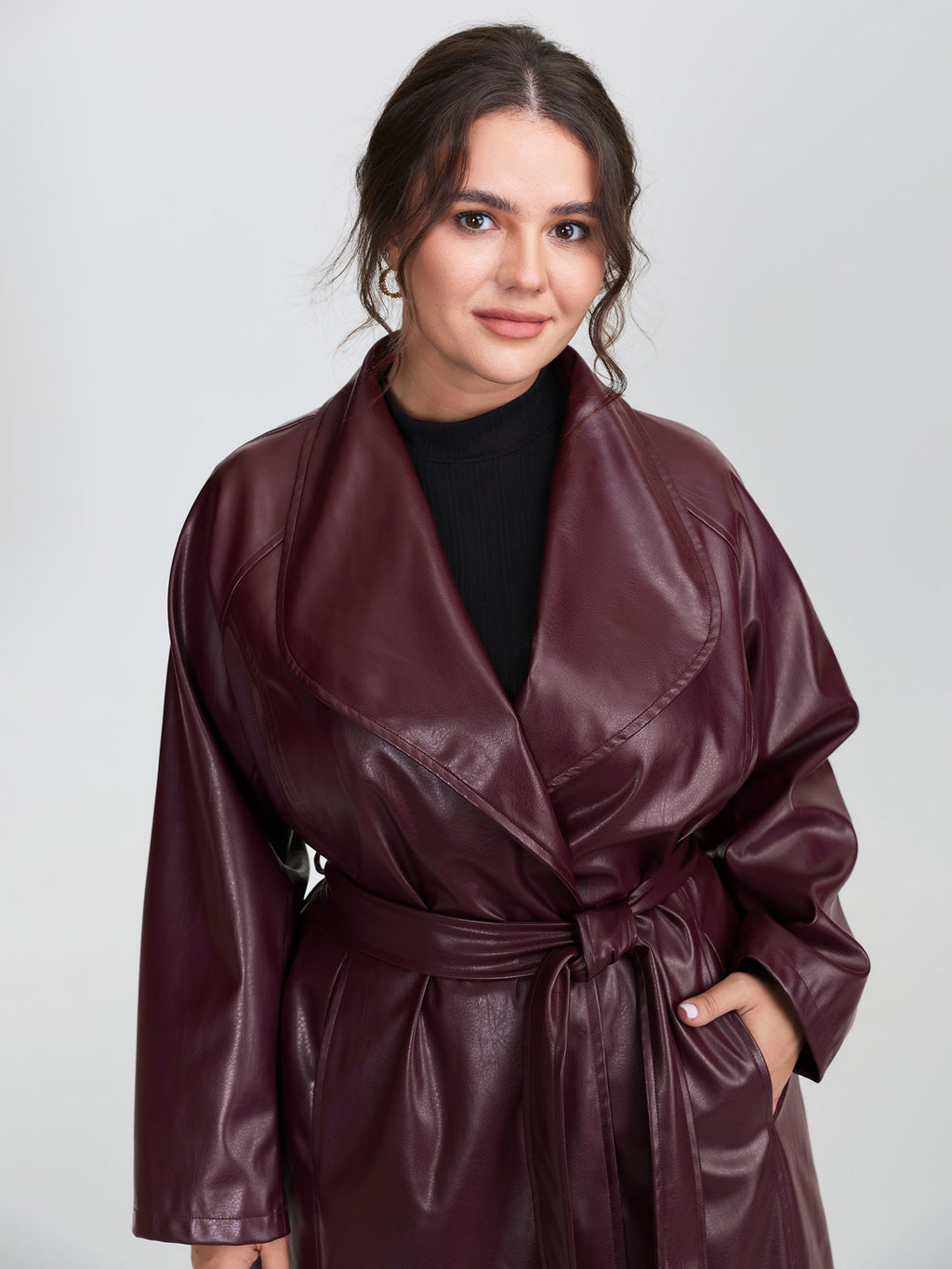 Artificial Leather Belted Waist Long Coat
