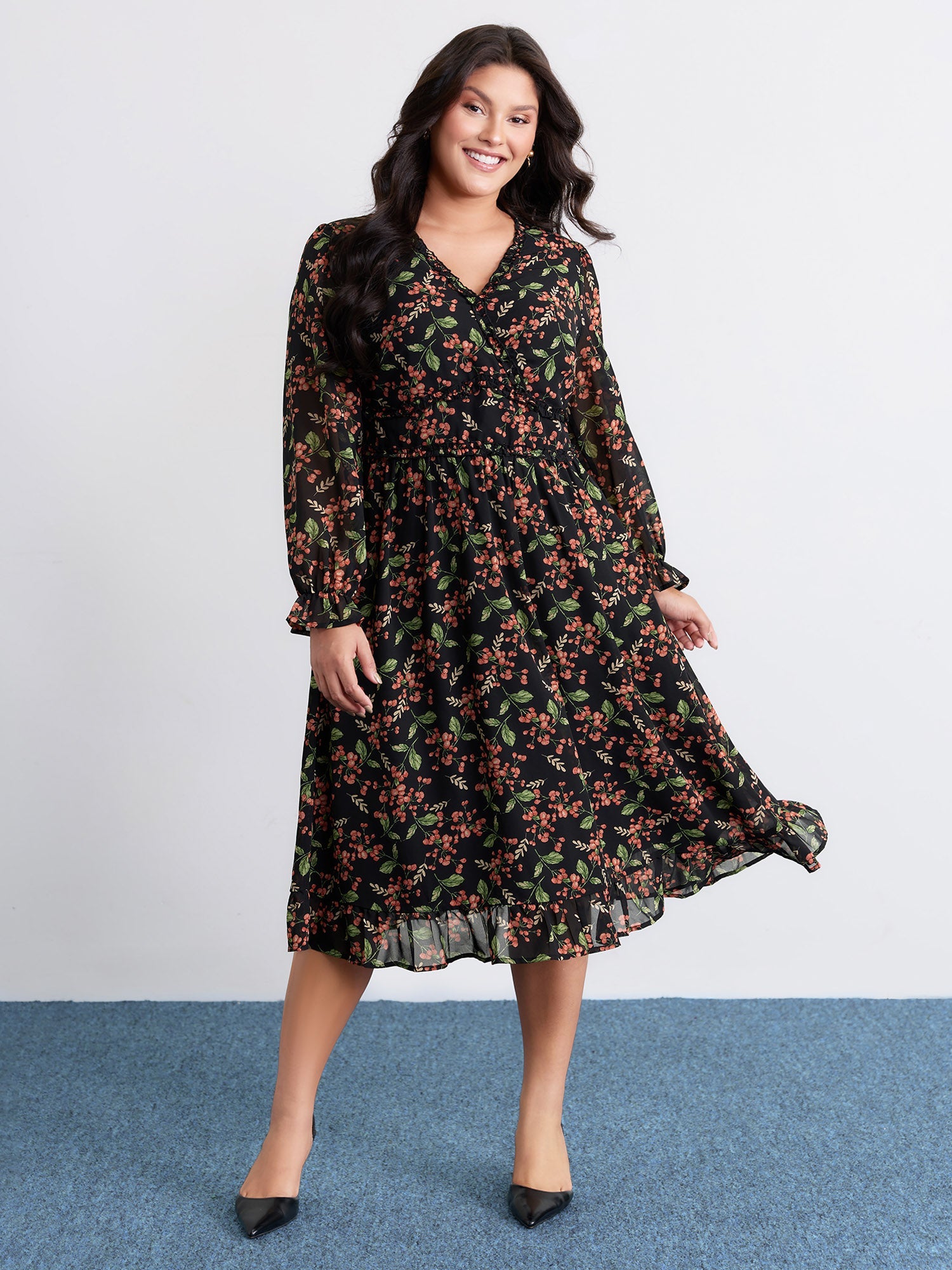 Chiffon Floral Ruffled Trim Pockets Midi Dress