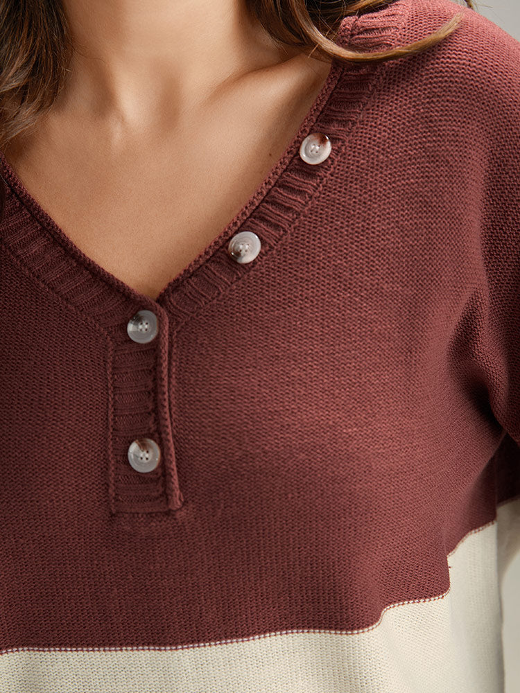 Contrast Heather V Neck Button Detail Pullover