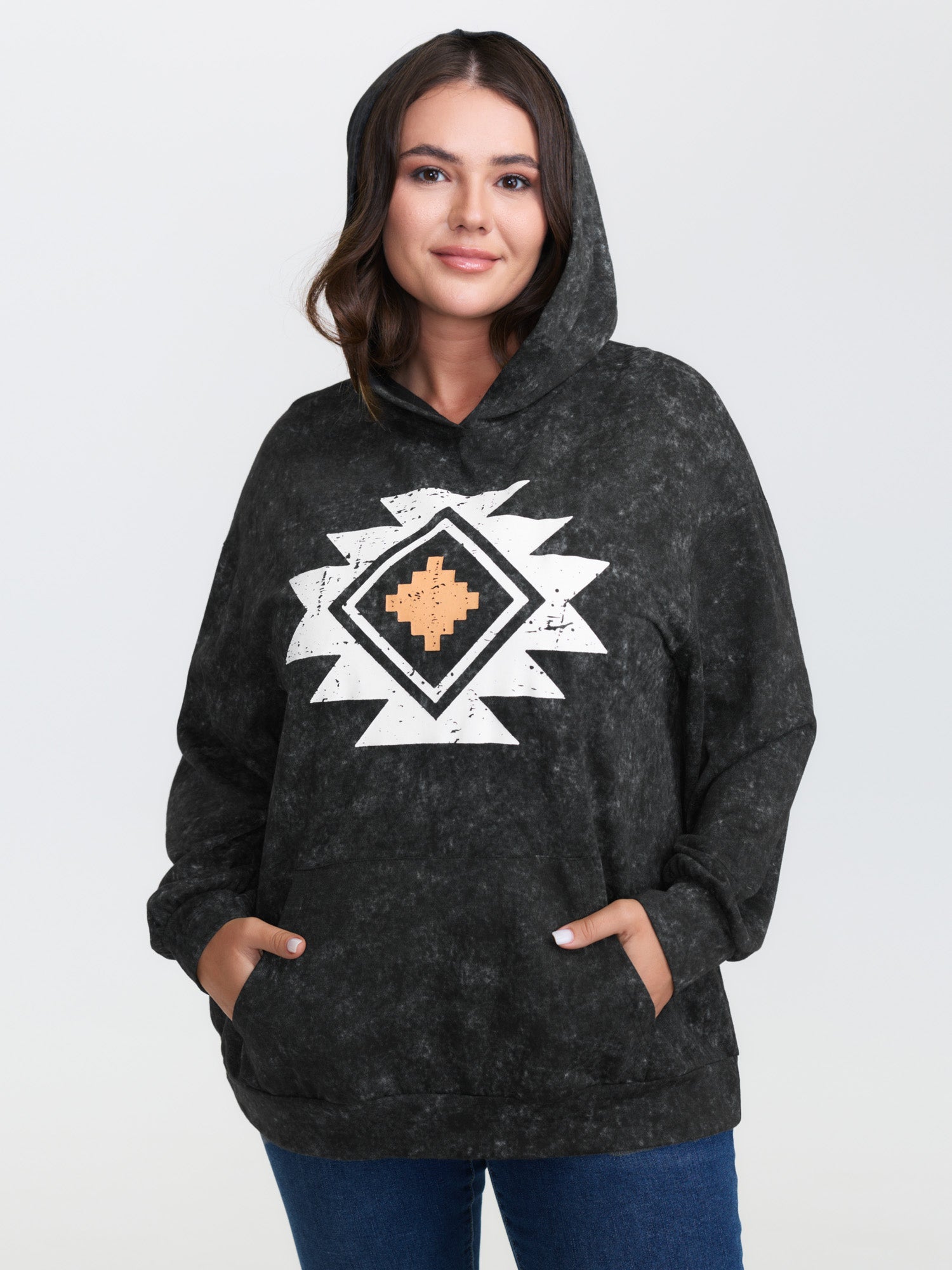Boho Pattern Pockets Textured Hoodie