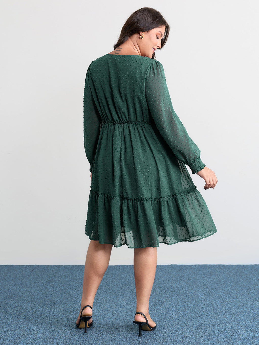 Chiffon Textured Shirred Ruffled Midi Dress
