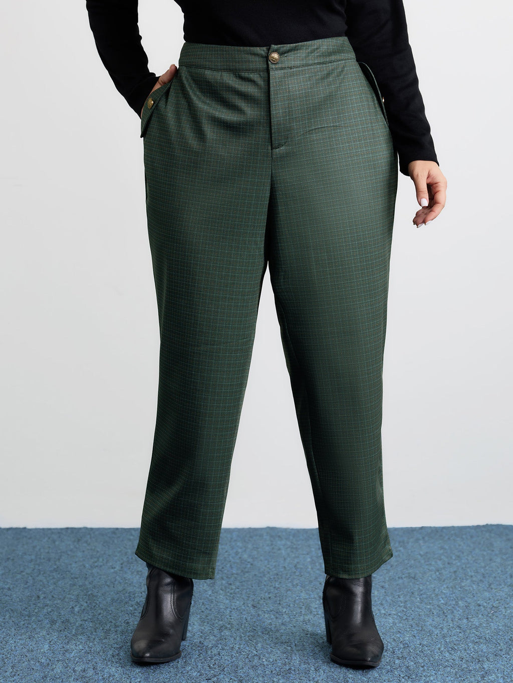 Checkered Buckles Straight-Leg Pants