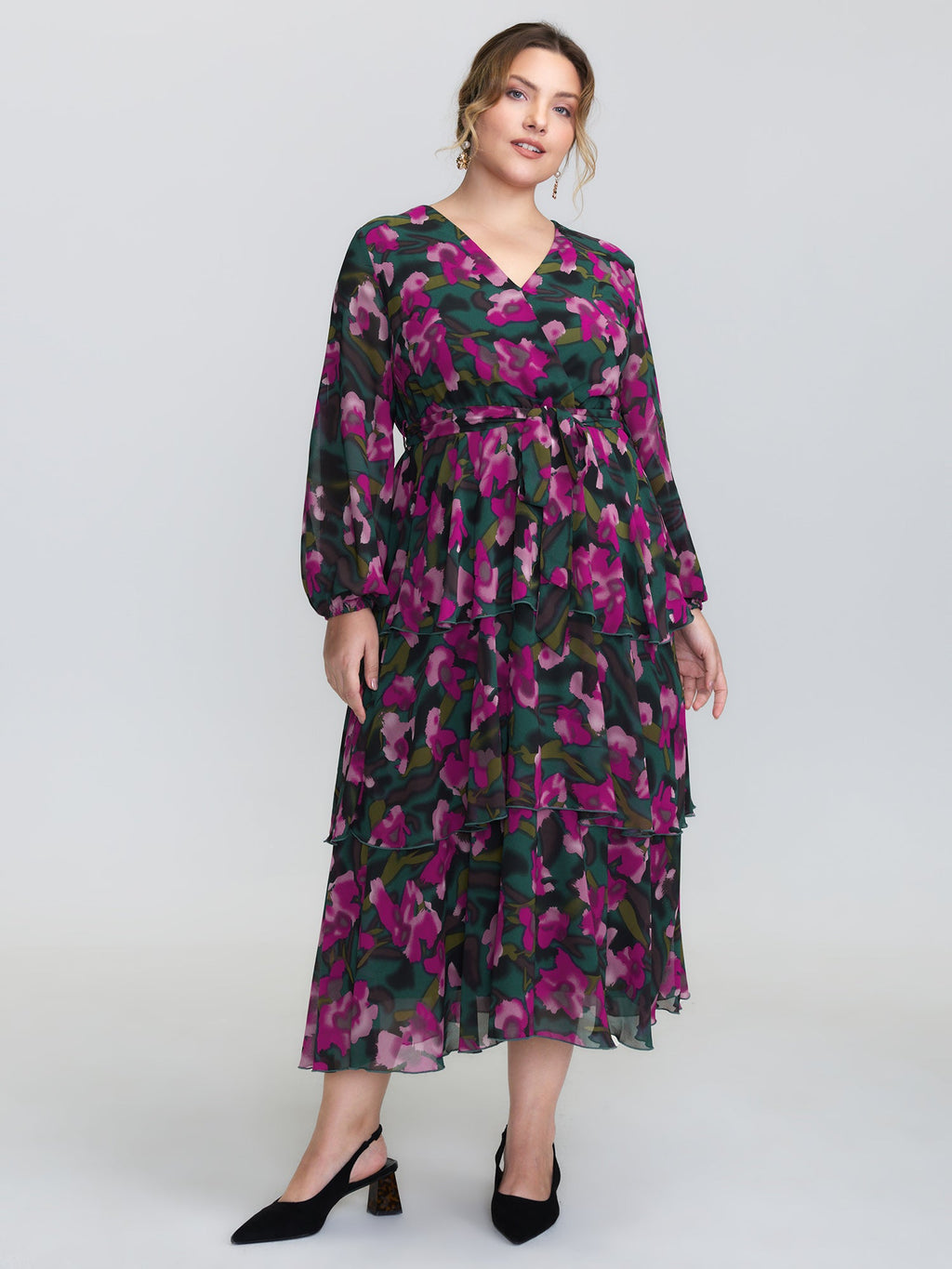 Abstract Floral Print Layered Pockets Midi Dress