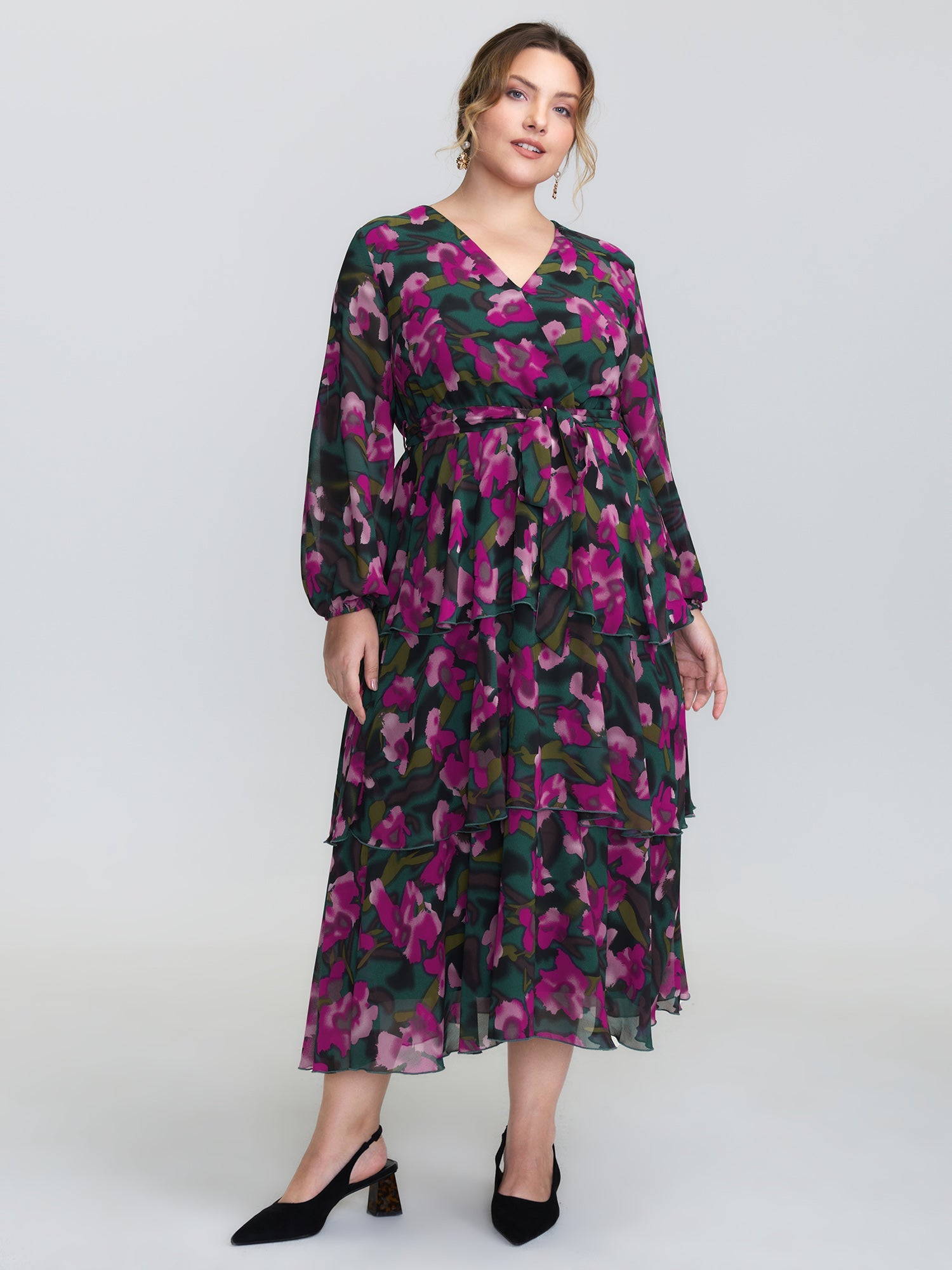 Abstract Floral Print Layered Pockets Midi Dress