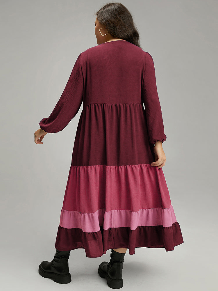 Colorblock Contrast Square Neck Ruffle Layered Hem Dress