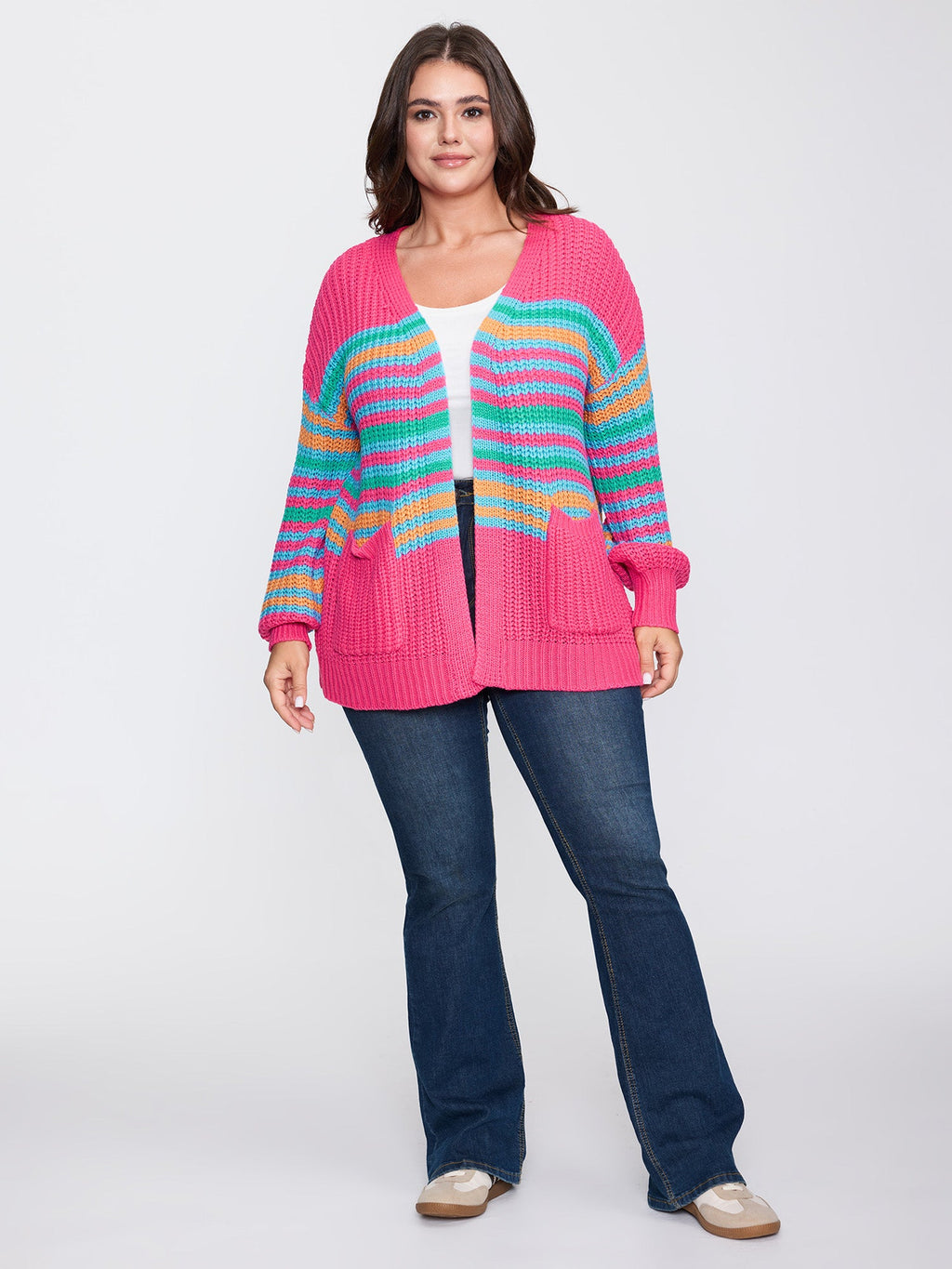 Colorful Stripe Pockets Knit Cardigan