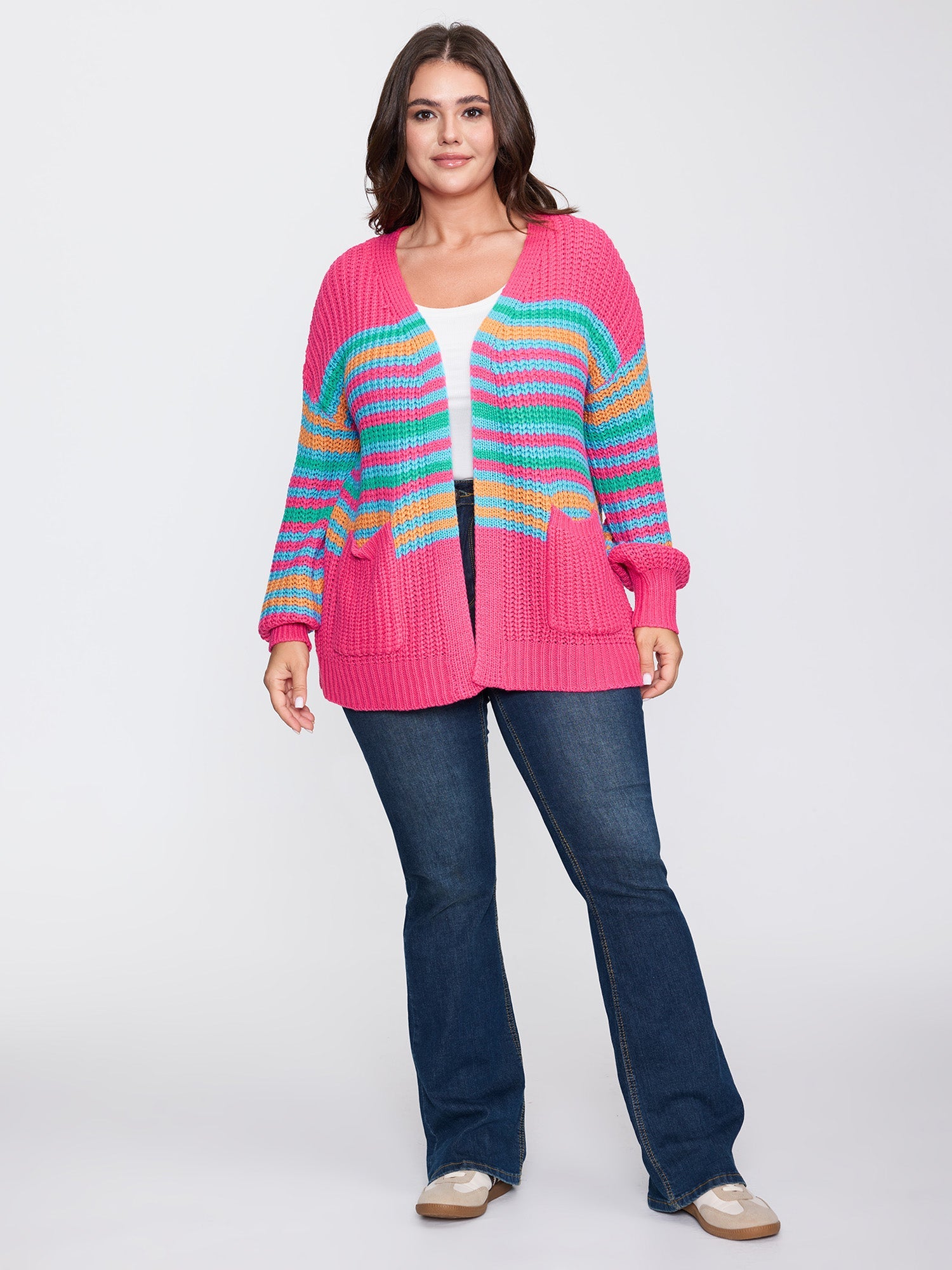Colorful Stripe Pockets Knit Cardigan