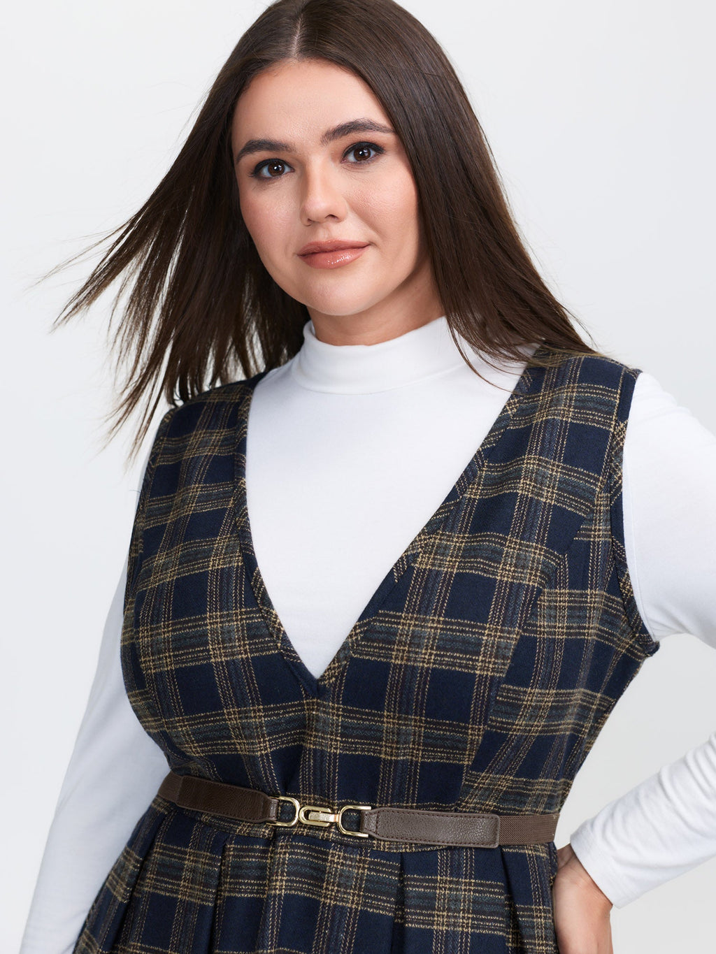 Checkered Pleated Pocket Midi Dress