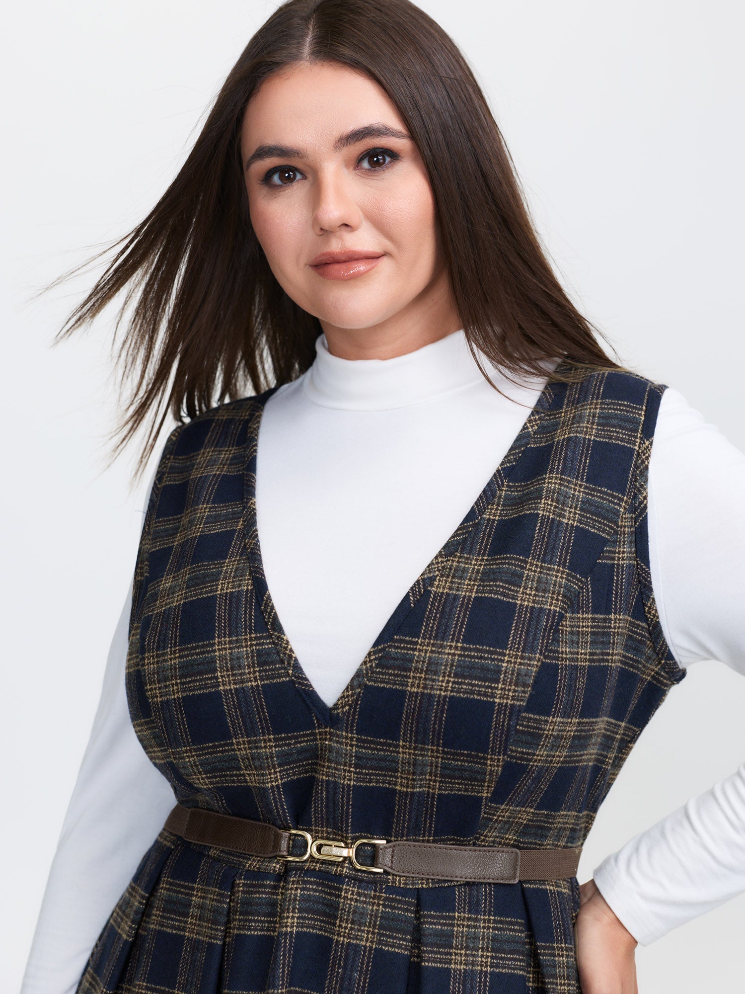 Checkered Pleated Pocket Midi Dress