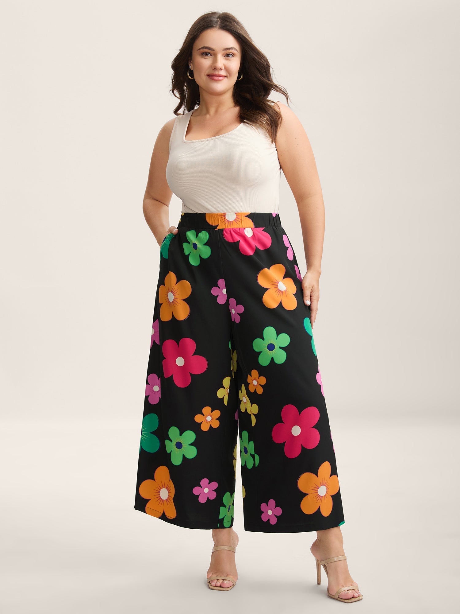 Colorful Large Floral Print Wide-Leg Pants