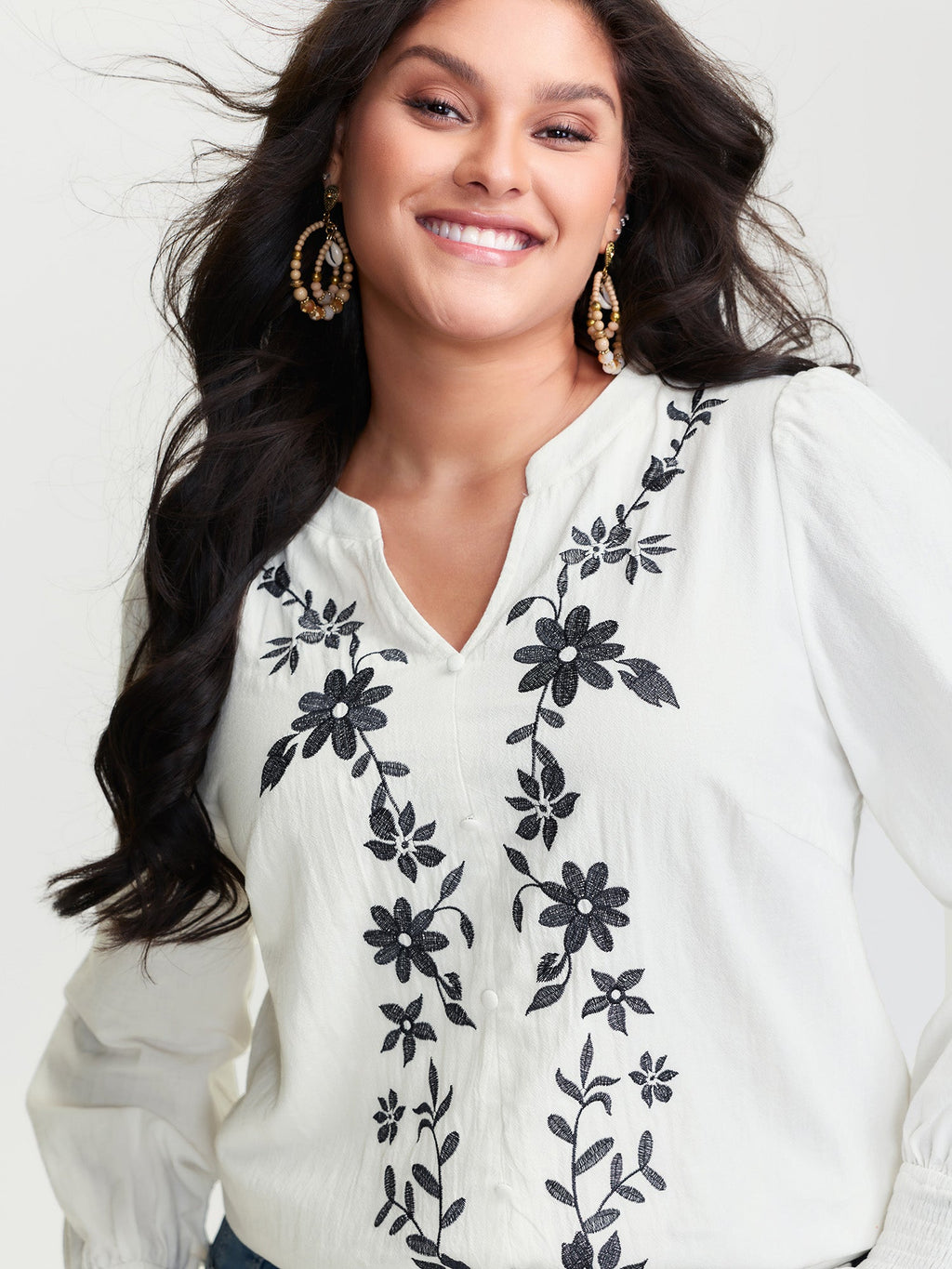 Cotton Floral Embroidery Shirred Blouse