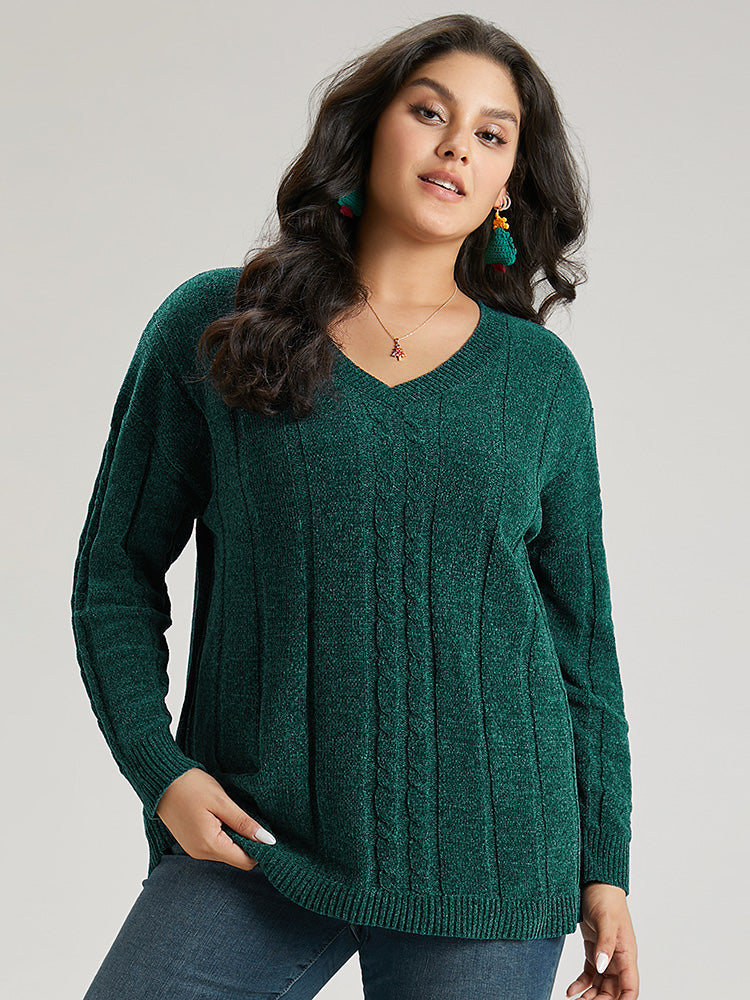 Christmas Plain Cable Knit V Neck Pullover