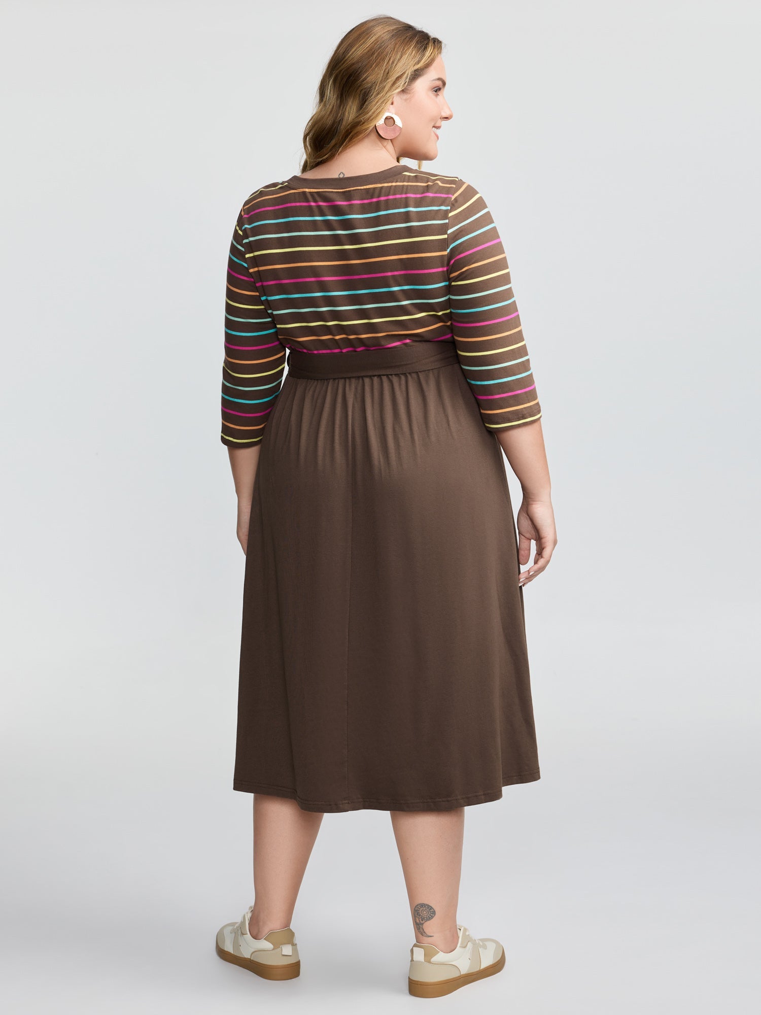 Colorful Stripe Stretchy Waist Midi Dress