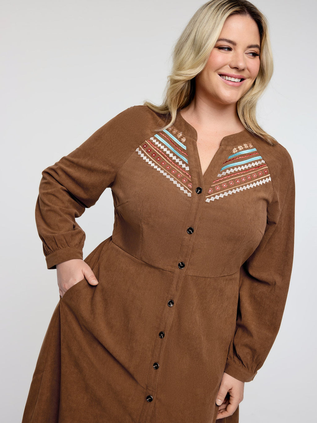 Corduroy Embroidered Pockets Button Midi Dress
