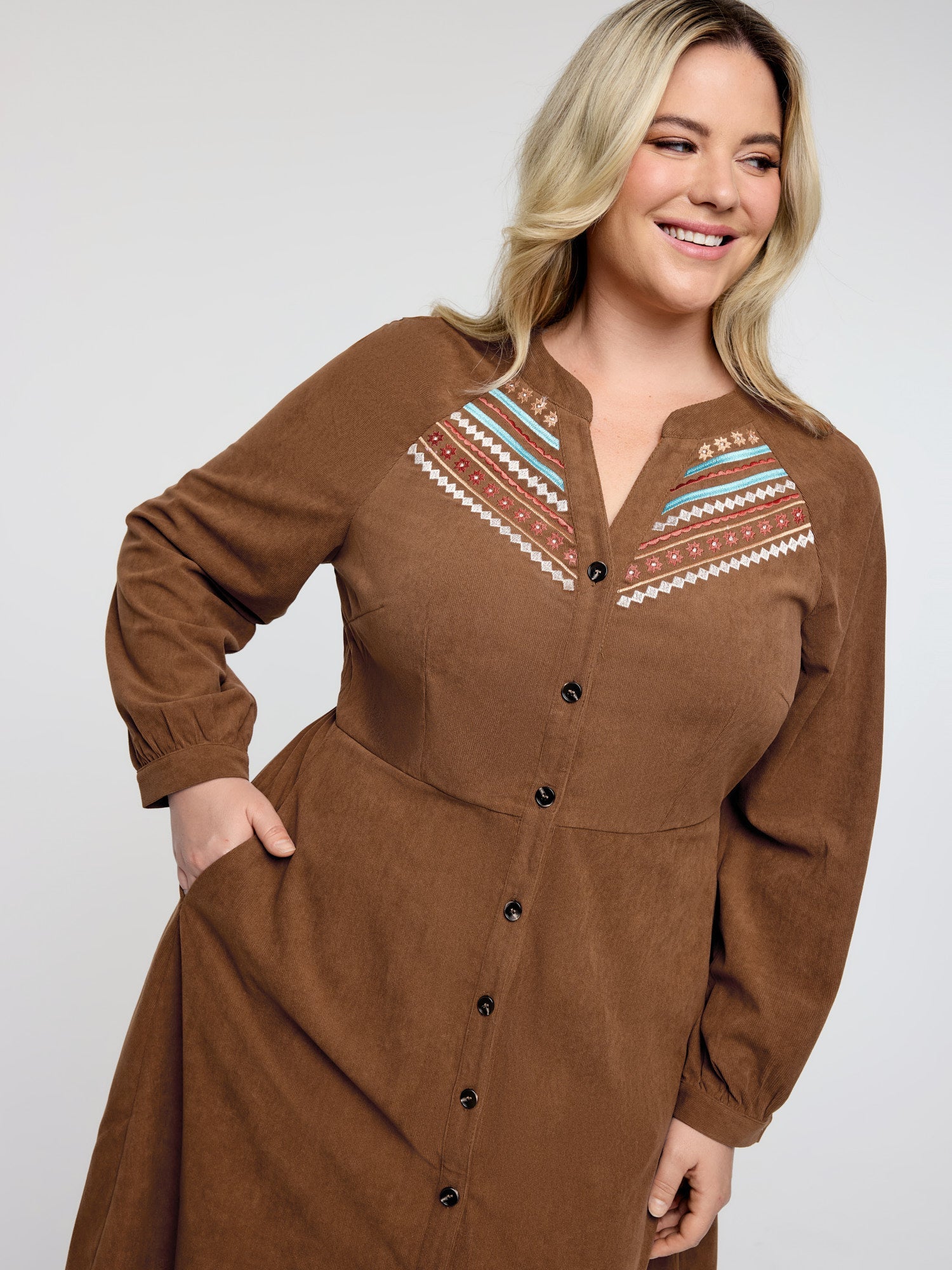 Corduroy Embroidered Pockets Button Midi Dress