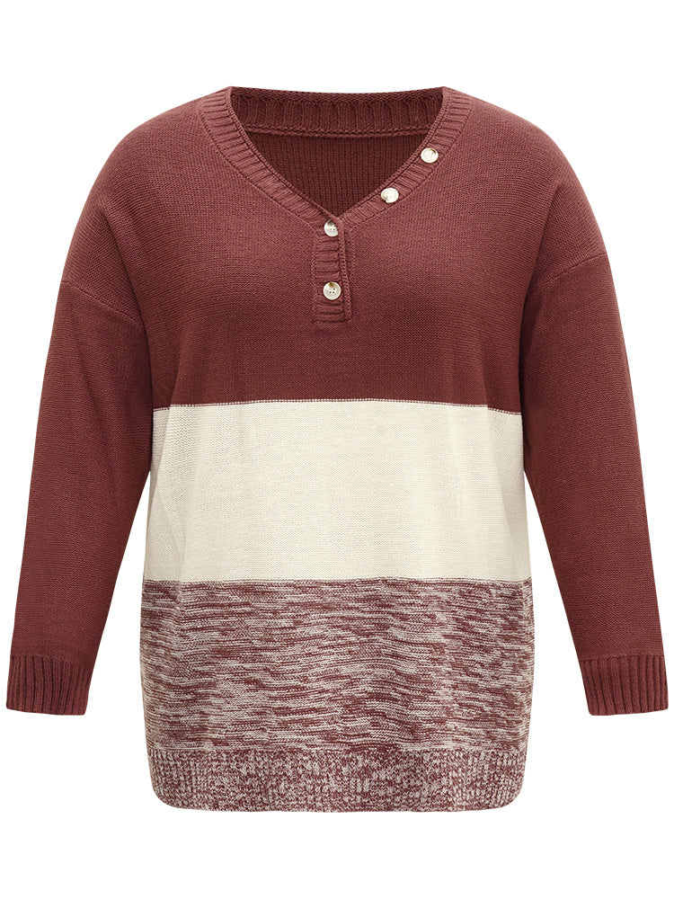 Contrast Heather V Neck Button Detail Pullover